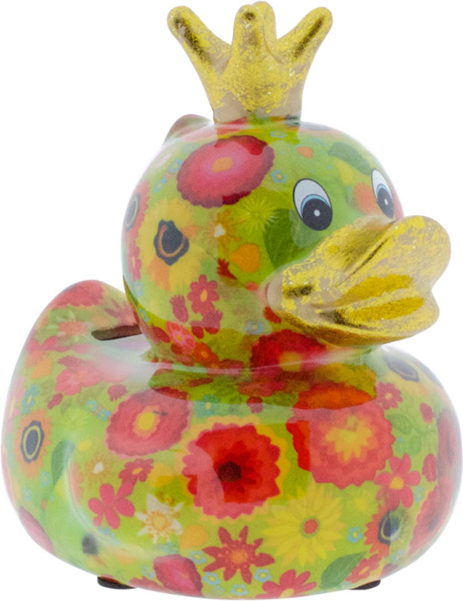 Eend Ducky spaarpot | koningseend - Groen met rode bloemen | Pomme pidou